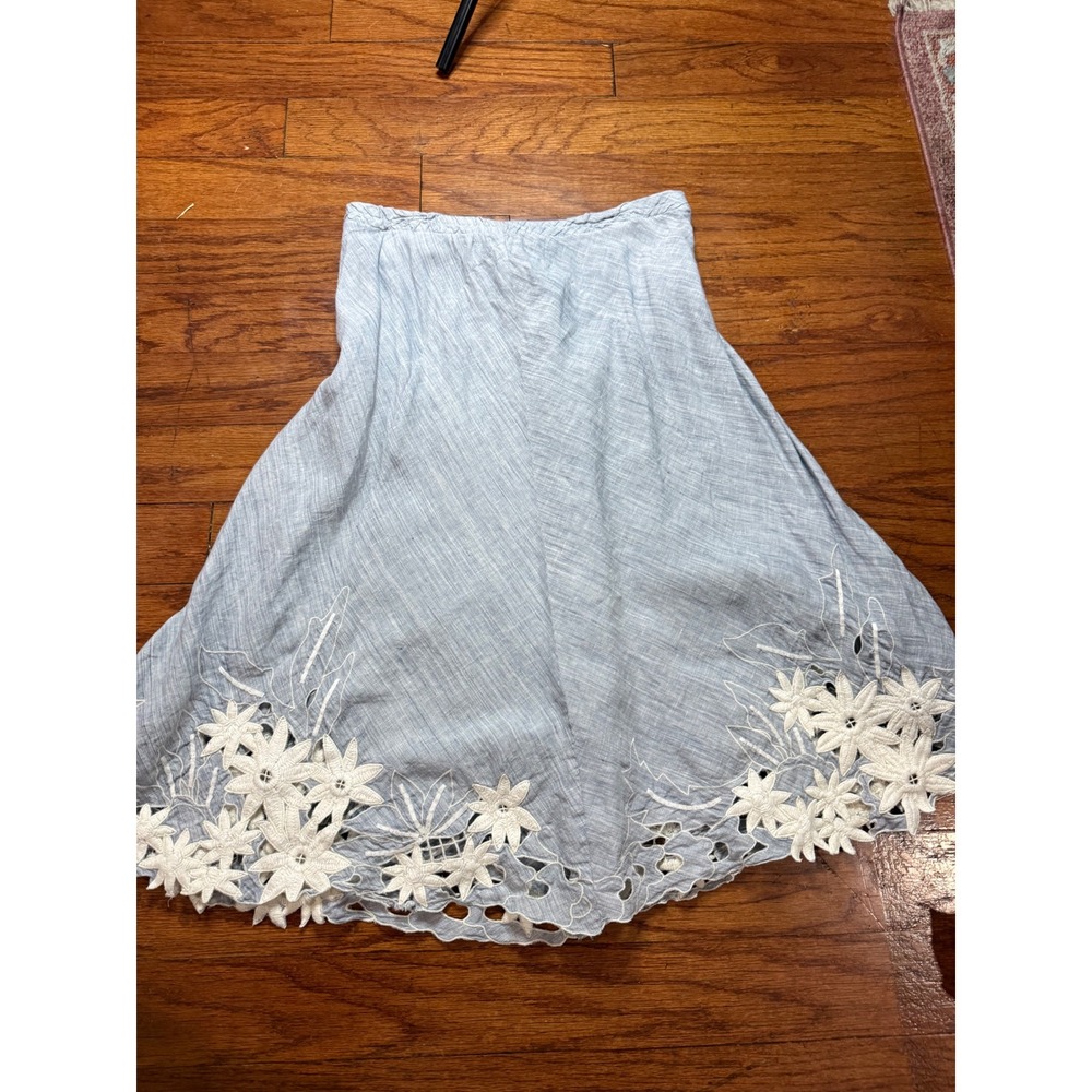 Blue Floral Eyelet Cutout Hem Midi‎ Skirt Elastic Waist A-Line Embroidered
